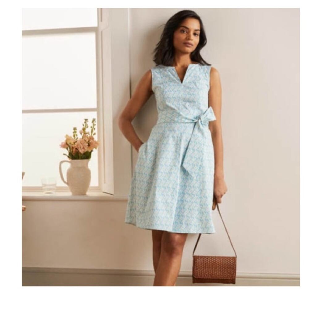 Boden Mischa Belted Midi Fit Flare A Line Dress Sundress Aqua Swaying Coral 6R